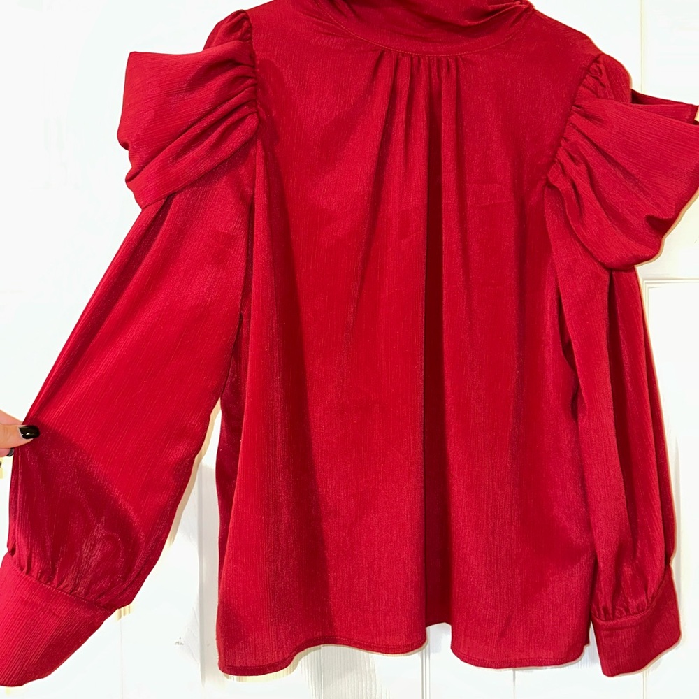 Entro Red Ruffled Blouse with Mandarin Collar